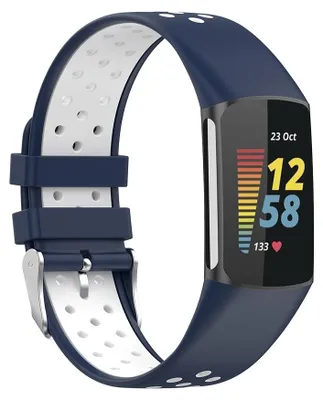 Produktbild von By Qubix passend für Fitbit Charge 5 & 6 Sportarmband mit Schnalle - Dunkelblau / Weiß - Zweifarbig - Größe: L