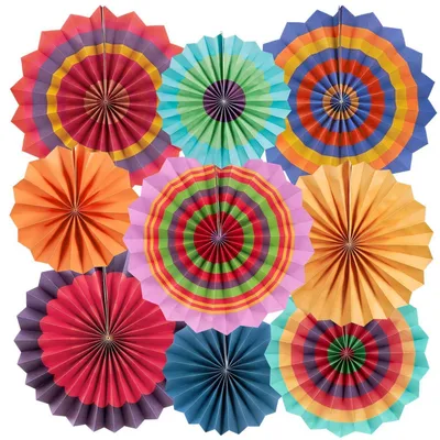 Productafbeelding van Papierwaaiers, 9 stuks, kleurrijk, voor feestdecoratie, bruiloft, verjaardag, babyshower. Regenboogachtergrond, verkrijgbaar in de maten 20/25/30 cm