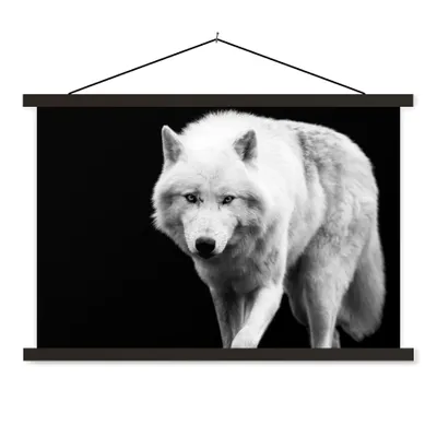 Produktbild von MuchoWow® Textilposter Wolf - Tier - Schwarz - Weiß 60x40 cm mit schwarzem Rahmen - Hölzernes