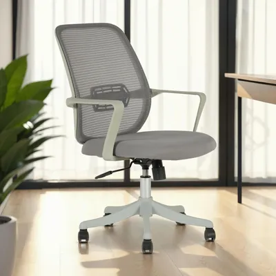 Produktbild von Bürodrehstuhl MOLLIS höhenverstellbar mit Armlehnen in weiß & Mesh-Bezug in grau - Ergonomisch gepolstert & atmungsaktive Rückenlehne, Drehstuhl mit Rollen für harte & weiche Böden
