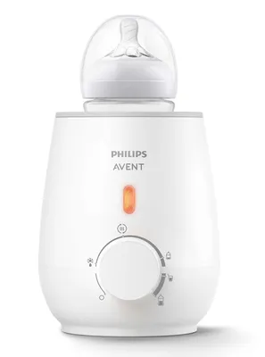 A white Philips Avent bottle warmer with a baby bottle on top.
