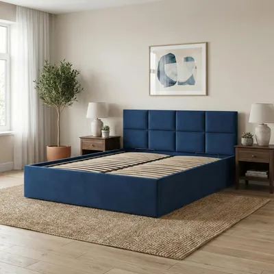 Produktbild von Polsterbett BORGO 160x200 mit Holzlattenrost, Doppelbett ohne Bettkasten, stabiles Bettgestell Blau Samt