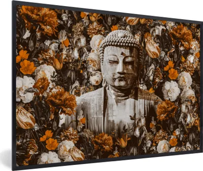 Produktbild von MuchoWow® MuchoWow® Gerahmtes Poster Buddha - Blumen - Orange 60x40 cm - Poster mit zchwarzem Bilderrahmen - Printing - Wanddeko Schlafzimmer