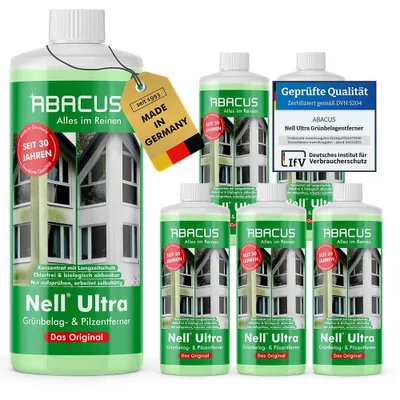 A collection of ABACUS® Nell Ultra Grünbelagentferner bottles arranged on a white background, with a 'Made in Germany' tag.