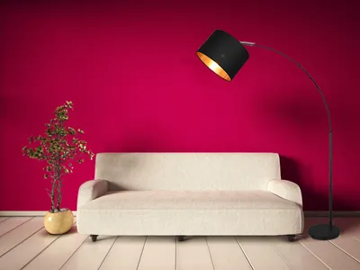 Produktbild von LED Bogenlampe Schwarz mit Stoffschirm innen Gold Leselampe Stehlampe Höhe 171cm