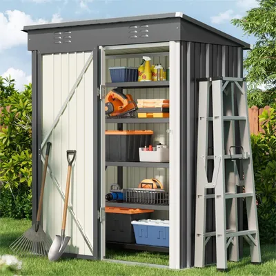 Produktbild von Bealife Metall Gerätehaus, Geräteschuppen mit 1m², Anthrazit Gartenhaus Gerätehaus Pultdach, Fundamentrahmen,180x95x162cm, CC21