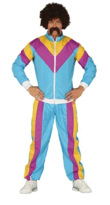 A person wearing a colorful 1980s-style tracksuit.