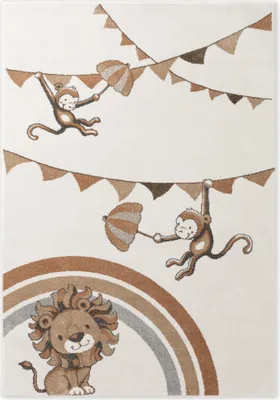 A children's rug with cartoon illustrations of monkeys, a lion, and a rainbow.