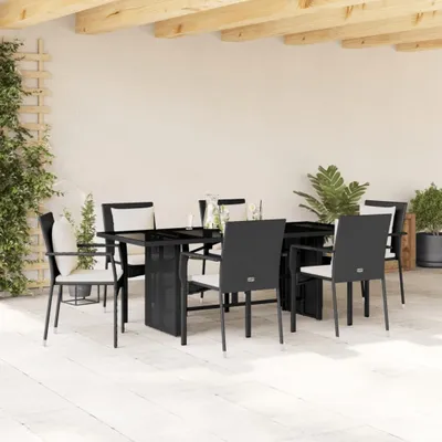 Produktbild von Design 7-tlg. Garten-Essgruppe mit Kissen Schwarz Poly Rattan, Gartenmöbel-Sets 2024 Neu