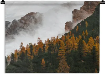 Produktbild von MuchoWow® Wandteppich Wandbehang Berg - Nebel - Wald 90x67.5 cm Tapisserie Dekoration Wandtuch - Fototeppich - Wand-Skulpturen