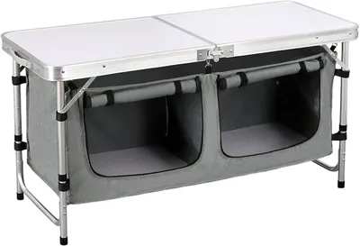 Image de Table de camping réglable avec sac de rangement | Blanc et gris | 47 x 120 x 62-69,5 cm