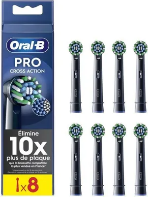A product package for Oral-B Pro Cross Action toothbrush heads, with multiple brush heads displayed next to it.