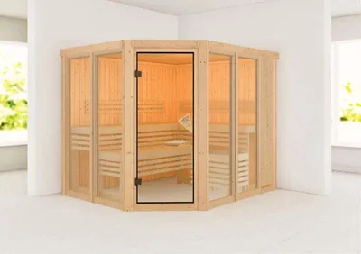 Image de Sauna d'intérieur Karibu Ainur 3 avec entrée d'angle, poêle de 9 kW etintégrée  231 x 196 x 198 cm (sans corniche)