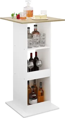 Image de Happyment Table haute Milano - Avec espace de rangement - Carré - Pour l'intérieur - Cuisine - Bois & Métal - Blanc/Chêne - 60x60x112cm