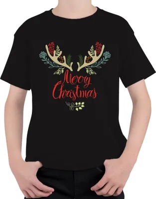 Produktbild von Merry Christmas Rentier Tannen - Weihnachten Weihnachtsgeschenk Christmas Uni Kinder T-Shirt, Schwarz, 128