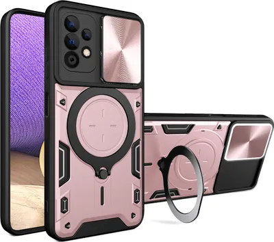 Produktbild von Handyhülle für Samsung Galaxy A32 5G Dual-Layer Stoßfest Rüstung Hülle mit Dia Kameraschutz und Kreisförmig Ring Ständer Roségold