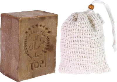 Produktbild von TUMELO Original Aleppo Seife 200g 70% Olivenöl 30% Lorbeeröl + Sisal Seifensäckchen, handgemachte Olivenölseife Naturseife