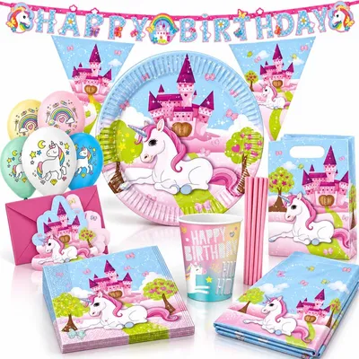 Produktbild von Partyset Einhorn Geburtstagsdeko Kindergeburtstag Deko Set Party rosa
