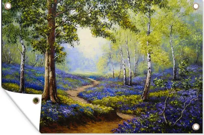 Produktbild von MuchoWow® 90x60 cm Outdoor-Poster Gartendeko Sichtschutz Garten Poster für den Garten  Gemälde - Natur - Wald - Blumen - Ölfarbe