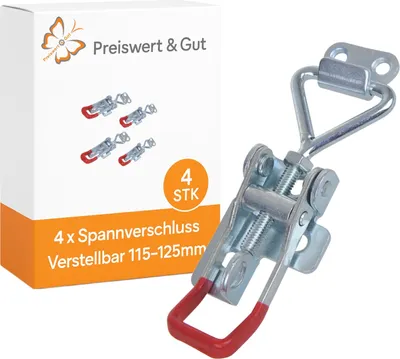 Produktbild von 4x Spannverschluss verstellbar 115-125mm für Kisten & Anhänger, verzinktem Stahl, silber-rot, ideal als Anhängerzubehör