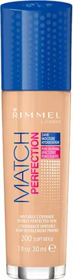 Imagen del producto de Rimmel Match Perfection, envase con bomba, base líquida, para todo tipo de piel, hidratante, protector solar, unificador, cobertura media, para pieles cálidas