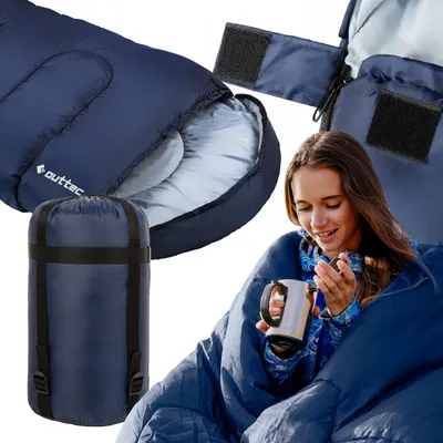 A collage showing a sleeping bag, a packed sleeping bag, and a woman using a sleeping bag.