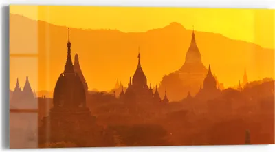 Produktbild von DEQORI Glasbild Echtglas 60x30 cm 'Goldene Stupas' Wandbild Bild modern Deko