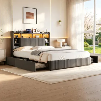 Image de INONEFT, lit tapissé avec sommier à lattes, dimensions 160x200, avec éclairage LED et ports USB/C. Lit double avec structure et 4 tiroirs, tête de lit avec compartiment ouvert. Lit pour adolescents, couleur gris, tissu lin