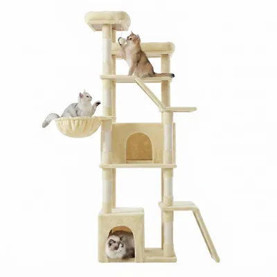 Produktbild von FEANDREA Kletterbaum für Katzen, extra groß, stabiler Katzenkratzbaum mit Kratzsäulen, Plüsch, für große Katzen, beige