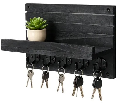 Schlüsselbrett mit Ablage aus Holz, schwarz, 5 Haken