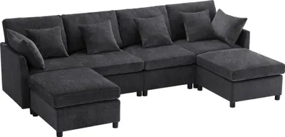 Produktbild von Merax Ecksofa, U-Form 4-Sitzer-Sofa mit 2 Fußhocker, 6 Kissen, Wohnzimmersofa, Couchgarnitur, Soffa, Couch, Chenille, Grau