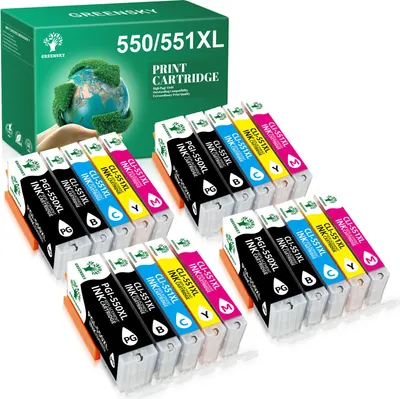 A box of printer cartridges with several cartridges laid out in front of it.
