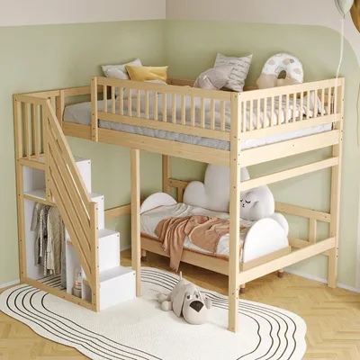 A children's bunk bed with stairs and storage, set up in a room with light green walls and a rug.