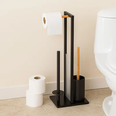 Image de Porte-rouleau de papier toilette en bambou et métal avec brosse