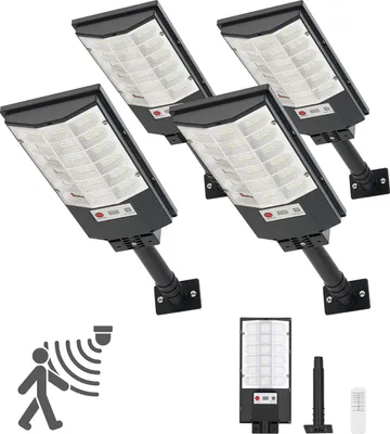 Zdjęcie produktu dla SucceBuy Solar-Straßenlaterne 50000 LM, 500 W LED-Straßenleuchte z czujnikiem zmierzchu, czujnikiem ruchu i ochroną IP65, odporne na warunki atmosferyczne oświetlenie zewnętrzne do podjazdu i podwórka, zestaw 4 sztuk
