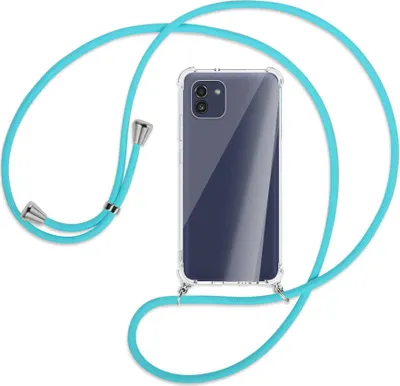 Produktbild von Handykette Backcover-Schutzhülle mit Band (Metall silberfarben) für Samsung Galaxy A03 4G - türkis