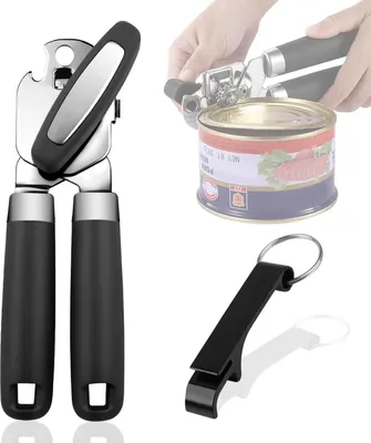 Produktbild von Dosenöffner, manueller Dosenöffner, 3-in-1-Dosenöffner, Edelstahl, rutschfester Griff ohne scharfe Kanten, ergonomischer und großer Drehknopf, ideal für Senioren mit Arthritis