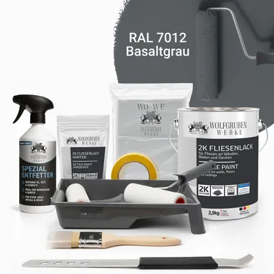 Produktbild von WO-WE Komplettset 2K Fliesenlack Renovierungsset für Küche, Badezimmer, Wand- & Bodenfliesen Basaltgrau 2,5Kg