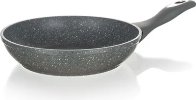 A granite grey non-stick frying pan with a black handle is shown against a white background.