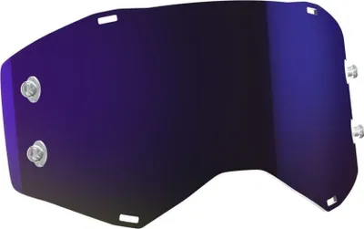 A single purple chrome goggle lens with silver mounting screws against a white background.