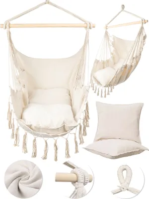 Produktbild von MalTec Hängesessel Gartensessel Brasilianischer Cocoon Stuhl mit Kissen Hängestuhl Indoor & Outdoor Beige Sessel zum Aufhängen