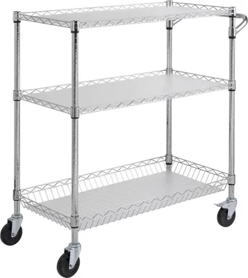 Image de Chariot utilitaire de cuisine, 3 niveaux, chariot roulant en fil métallique d'une capacité de 661 lb, chariot de service en acier sur roulettes, chariot de rangement en métal avec panier de 80 mm, poignée incurvée, doublure en PP, 6 crochets, pour l'intérieur et l'extérieur