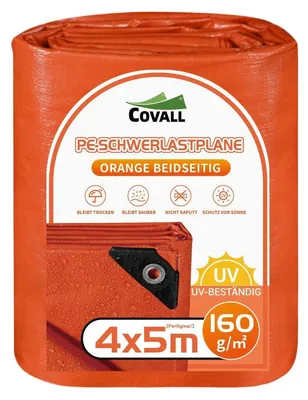 Zdjęcie produktu dla Plastikowa plandeka, 4x5 metrów, wodoodporna, pomarańczowa, gramatura 160 g/m², odporna na rozdarcia, stabilizowana UV, z oczkami