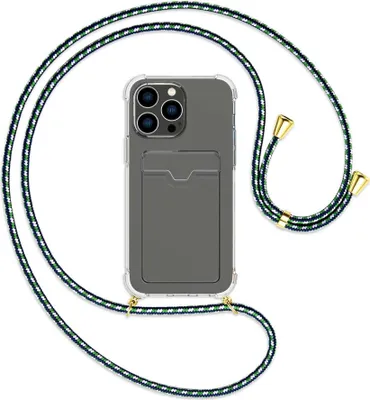 Produktbild von Handykette Backcover-Schutzhülle mit Band (Metall goldfarben) für Apple iPhone 14 Pro Max (6.7'') - grün/blau/weiß
