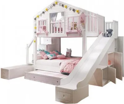 Image de 360Home belle maison lit superposé avec toboggan, marches et espaces de rangement 1500x1900mm marches avec espace de rangement+lit gigogne+toboggan garde-robe