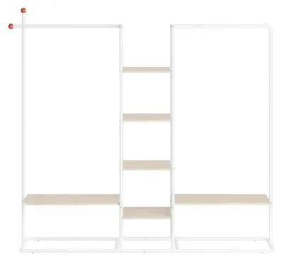 Image de Porte-vêtements ouvert avec 6 étagères, 2 barres de suspension et des crochets | Beige et blanc | 163,6 x 33,8 x 175,3 cm