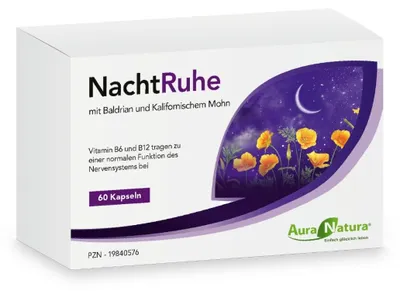 Produktbild von Aura Natura NachtRuhe | Für die Abendroutine & innere Ruhe | Mit Baldrian, Grüntee-Extrakt & L-Theanin | Folsäure für normale psychische Funktion | B6, B12 & Vitamin D3 | 60 Kapseln