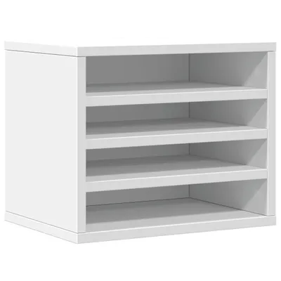 A white desk organizer with four shelves.