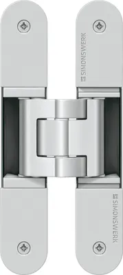 A close-up studio shot of a Simonswerk TECTUS TE340 3D invisible hinge.