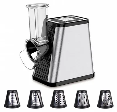 Produktbild von Zimilo Elektrischer Gemüseschneider 5-in-1, 800W Leistung, mit 4 Reibeeinsätzen, Edelstahlschneider, Sicherheitsschieber, für Salate und Käse